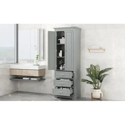 High Storage Cabinet With Three Drawers, Grey