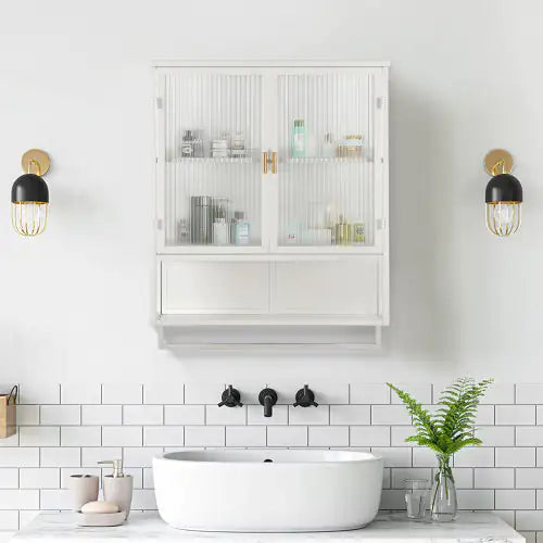 Elegant Dual-Door Wall Cabinet with Glass Panels and Storage Shelves