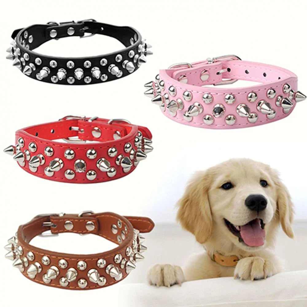 Rugged Leather Spiked Collar for Dogs and Cats