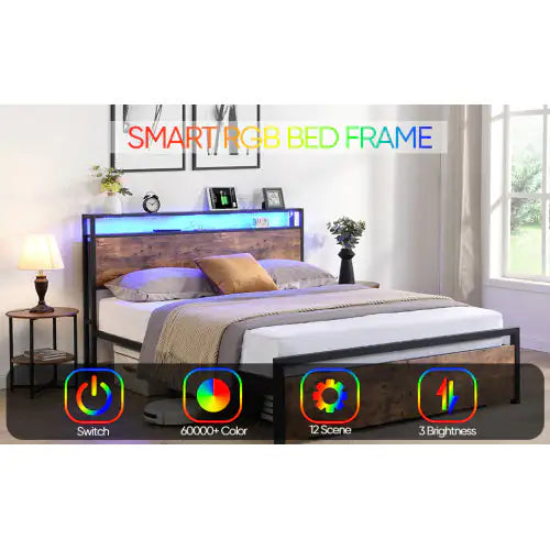Full-Size LED Bed with Charging Hub and Drawers