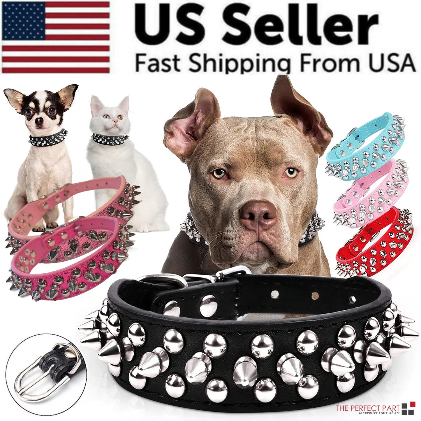 Rugged Leather Spiked Collar for Dogs and Cats