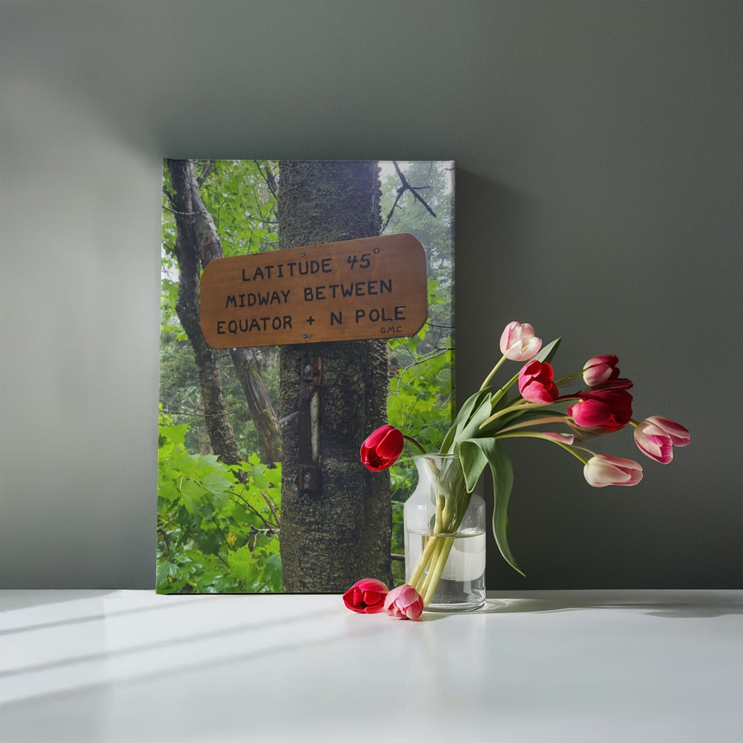 "The 45th Parallel-A Midway Marker on the Long Trail" - Gallery Wrapped Canvas - Hiking With Stickers '24