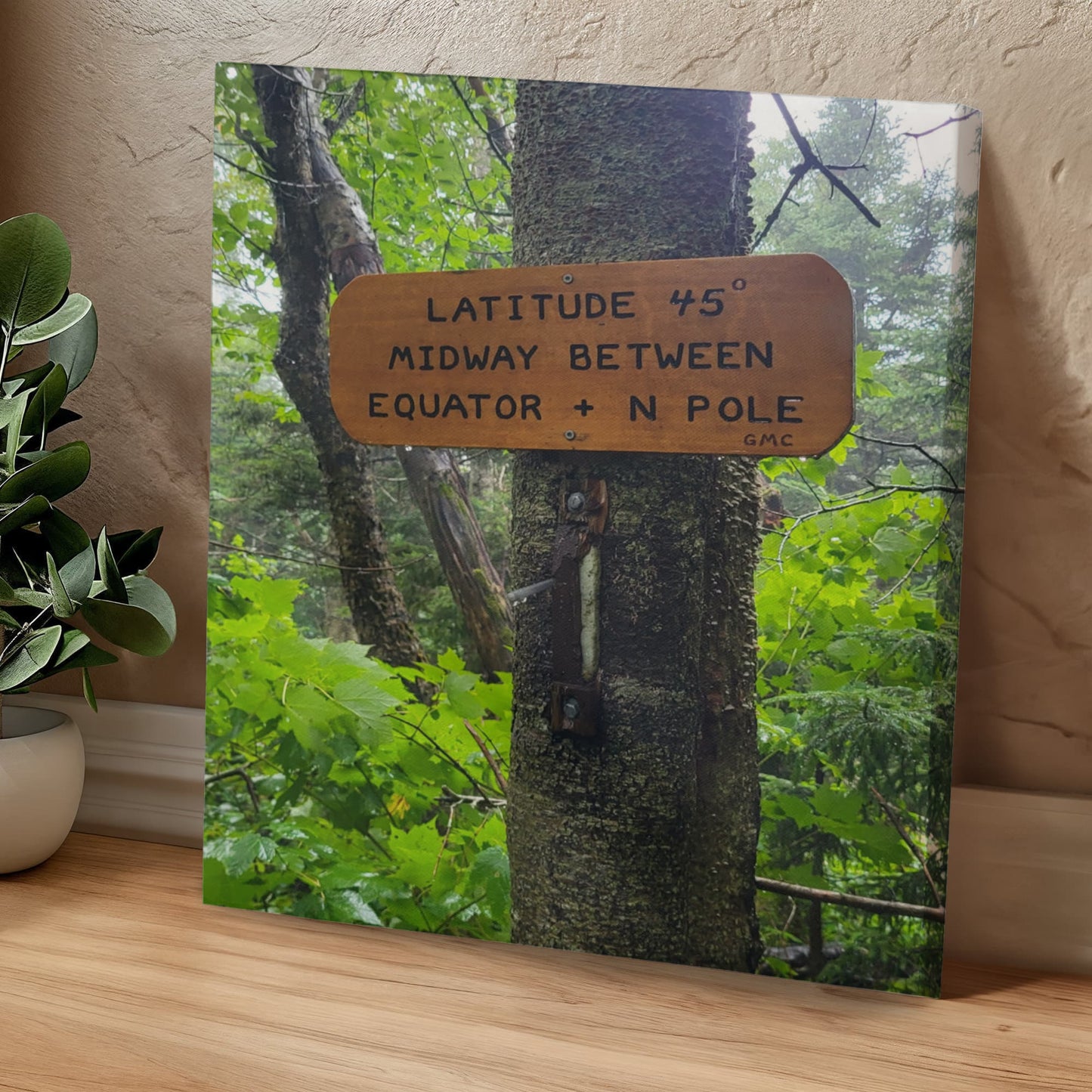 "The 45th Parallel-A Midway Marker on the Long Trail" - Gallery Wrapped Canvas - Hiking With Stickers '24