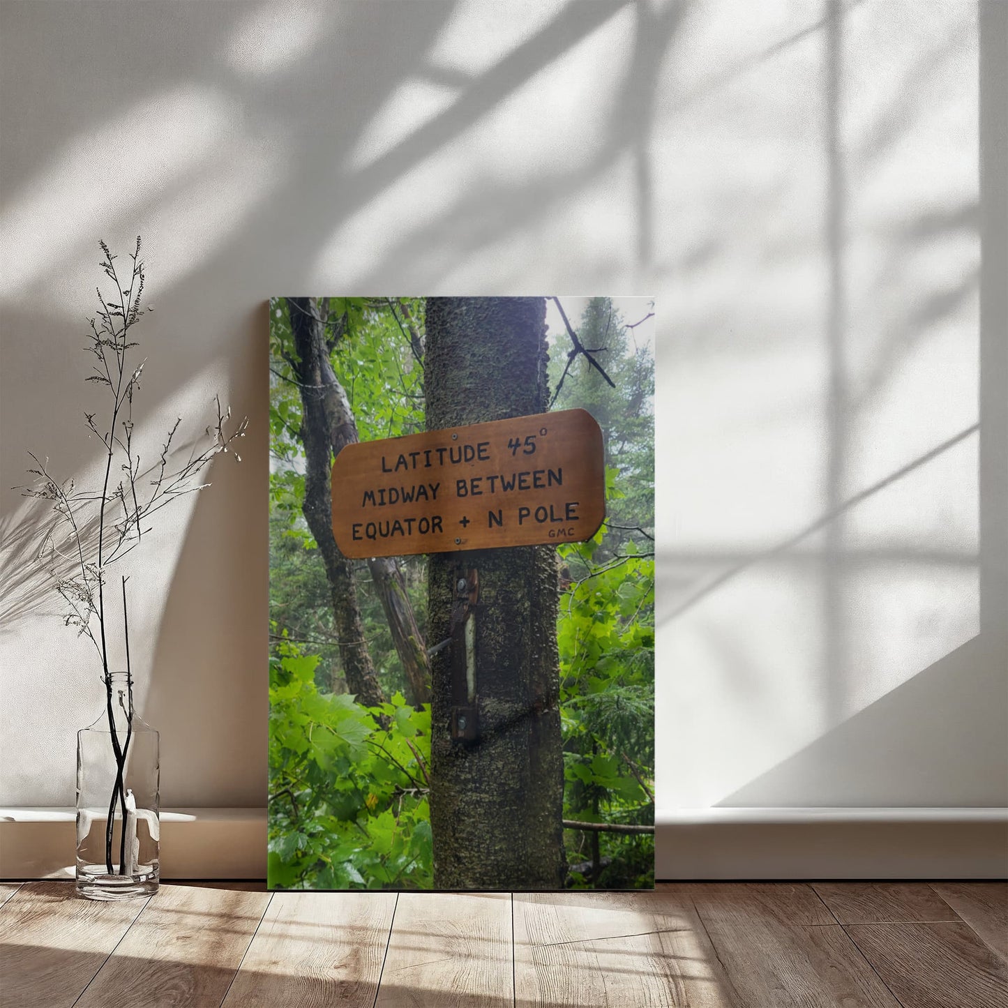 "The 45th Parallel-A Midway Marker on the Long Trail" - Gallery Wrapped Canvas - Hiking With Stickers '24
