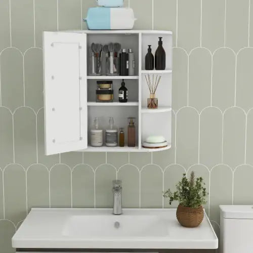 Wall-Mounted Cabinet with Mirrored Front & Versatile Shelving - White