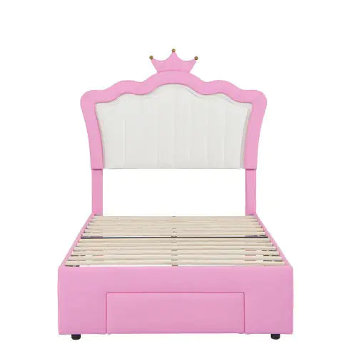 Twin Size Bed Frame With LED Lights, Modern Upholstered Princess Bed With Crown Headboard