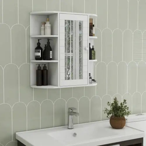 Wall-Mounted Cabinet with Mirrored Front & Versatile Shelving - White
