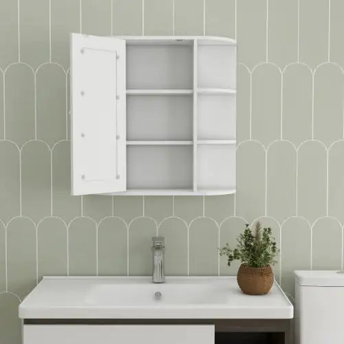 Wall-Mounted Cabinet with Mirrored Front & Versatile Shelving - White
