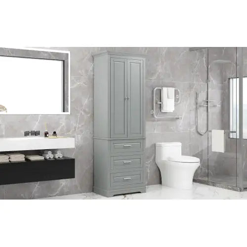 High Storage Cabinet With Three Drawers, Grey