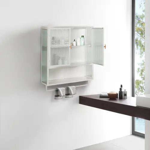 Elegant Dual-Door Wall Cabinet with Glass Panels and Storage Shelves