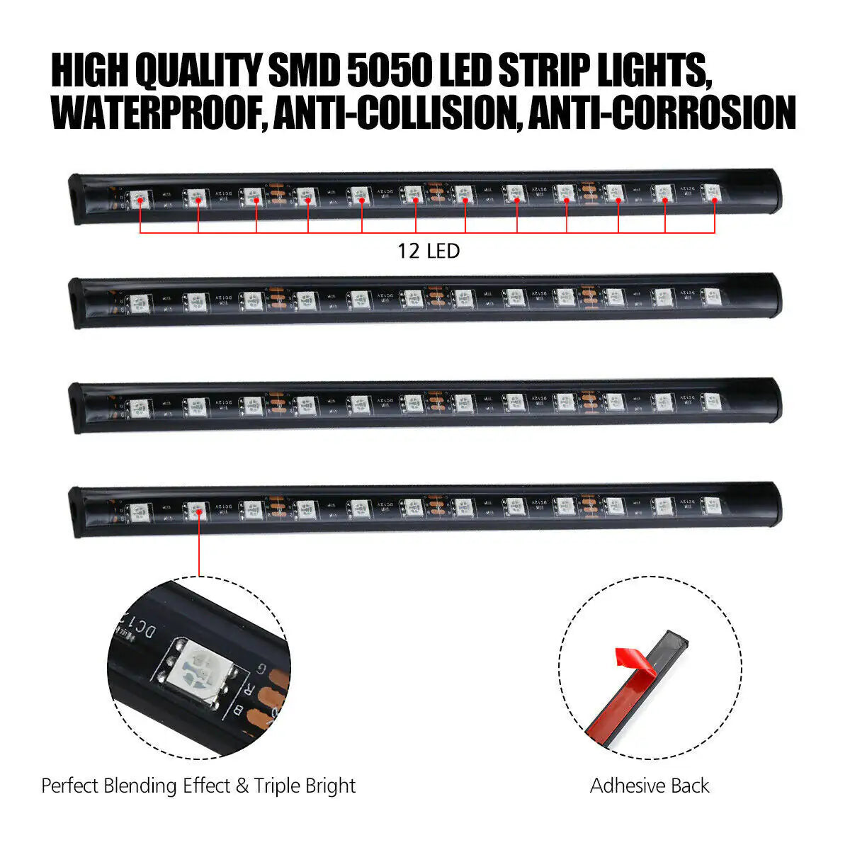 4X 48 LED RGB Car Interior Atmosphere Light Strip Bar Bluetooth APP Music Control