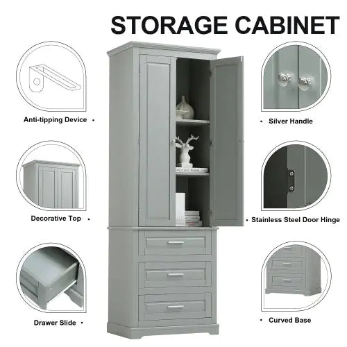 High Storage Cabinet With Three Drawers, Grey