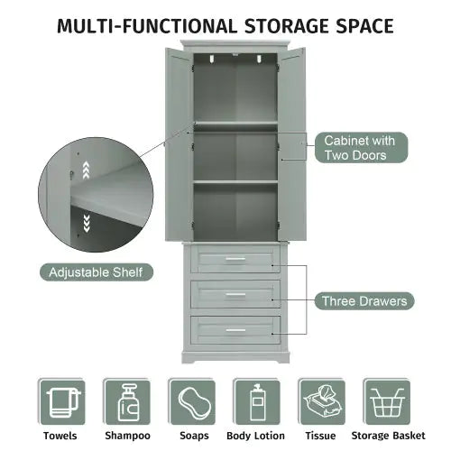 High Storage Cabinet With Three Drawers, Grey