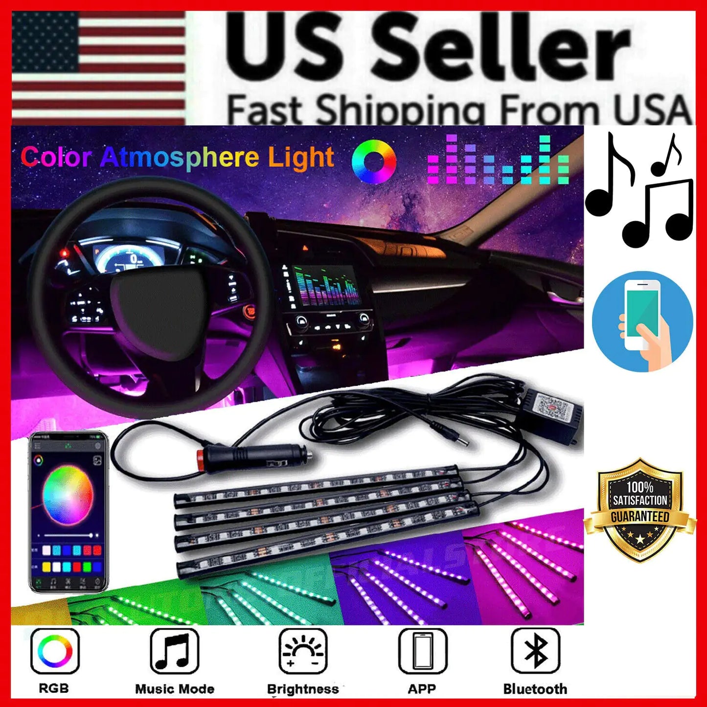 4X 48 LED RGB Car Interior Atmosphere Light Strip Bar Bluetooth APP Music Control