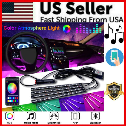 4X 48 LED RGB Car Interior Atmosphere Light Strip Bar Bluetooth APP Music Control