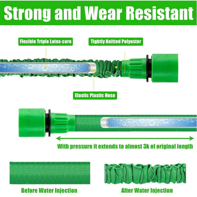 FlexiStretch Garden Hose with Spray Nozzle - 25 to 100FT