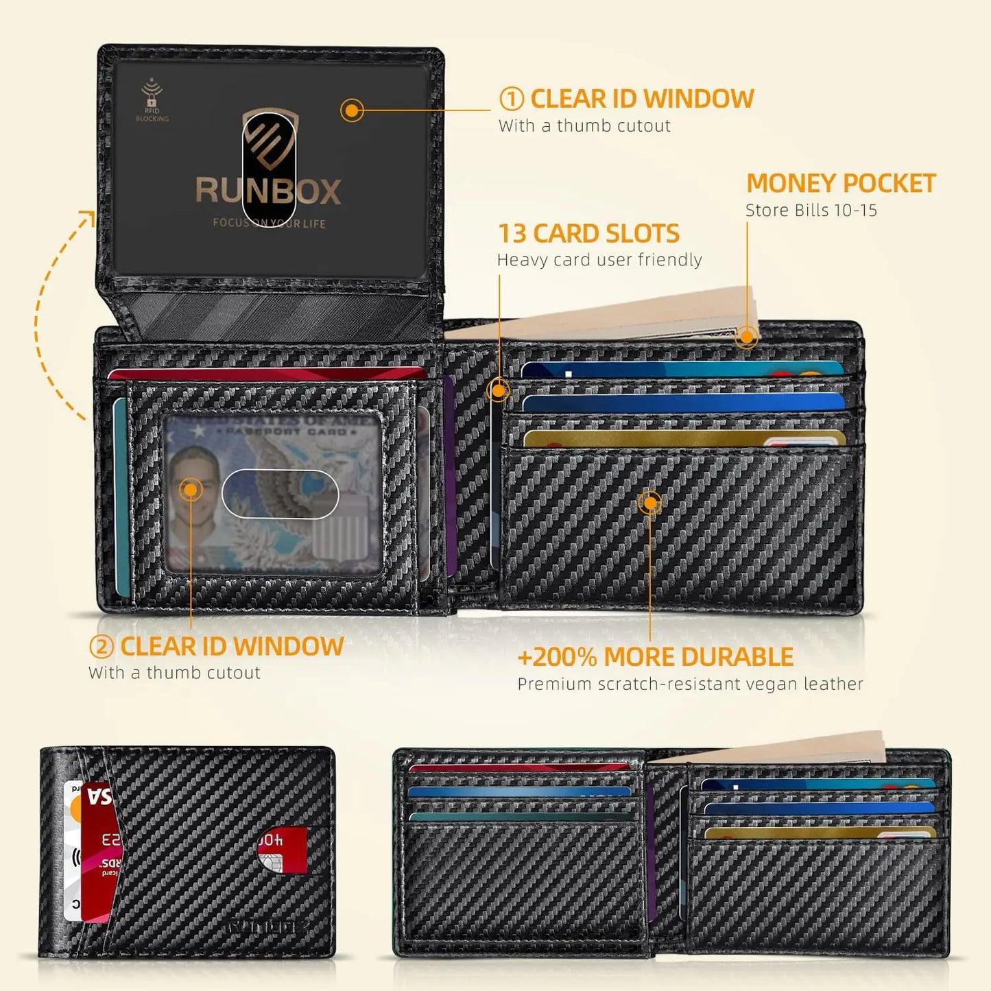 RUNBOX CarbonSecure Leather Wallet - 15 Slots with RFID Block & Gift Box