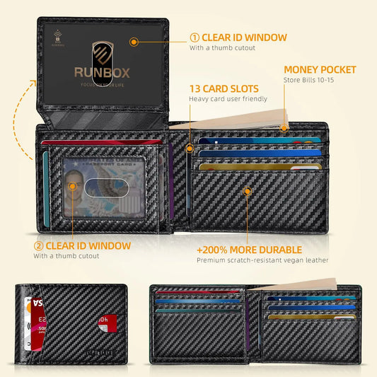 RUNBOX CarbonSecure Leather Wallet - 15 Slots with RFID Block & Gift Box