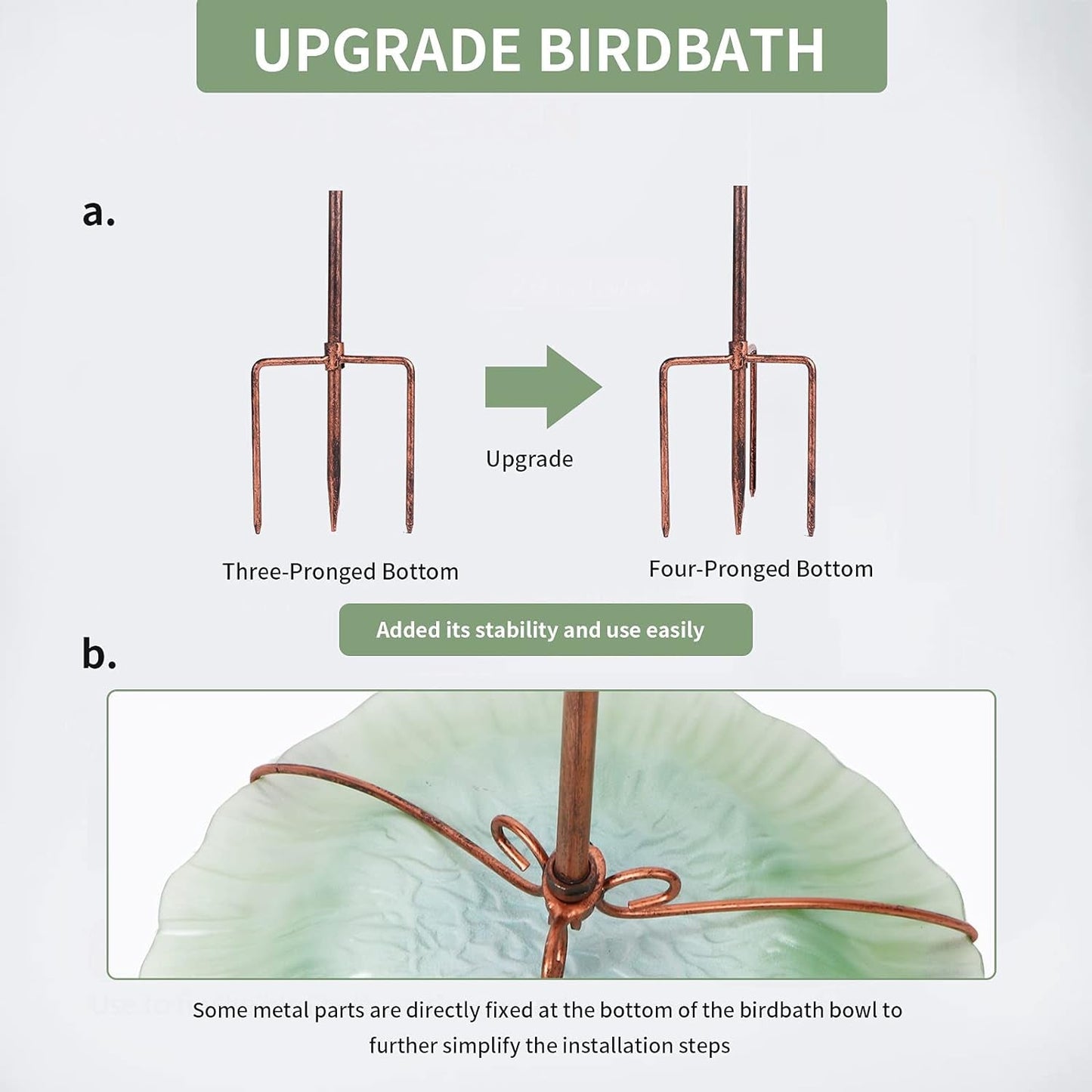 26 Inch Height Glass Birdbath Birdfeeder with Metal Stake Garden Outdoor Green