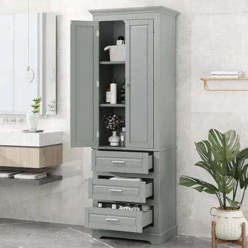 High Storage Cabinet With Three Drawers, Grey