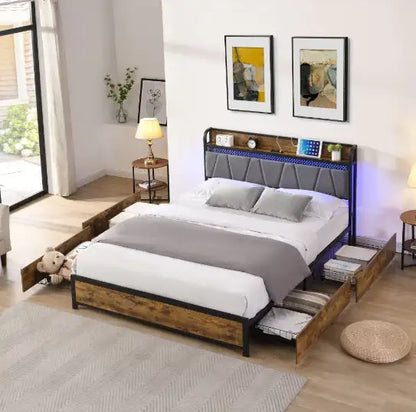 Illuminated Full-Size Bed Frame with Integrated Storage and Charging