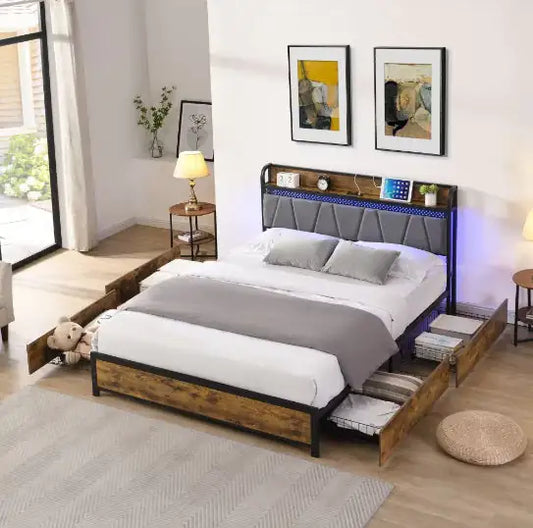 Illuminated Full-Size Bed Frame with Integrated Storage and Charging