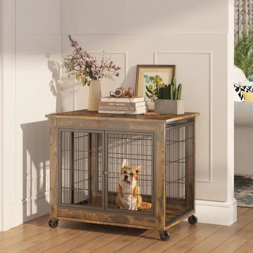 Rolling Rustic Brown Dog Crate Table with Double Doors