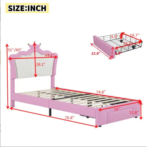 Twin Size Bed Frame With LED Lights, Modern Upholstered Princess Bed With Crown Headboard