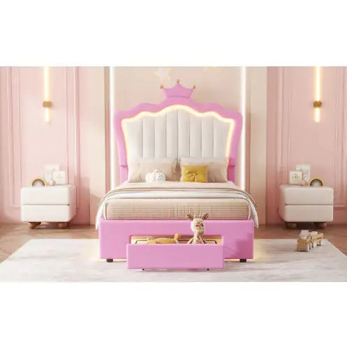 Twin Size Bed Frame With LED Lights, Modern Upholstered Princess Bed With Crown Headboard