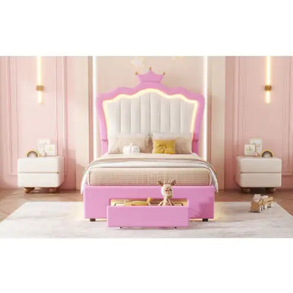 Twin Size Bed Frame With LED Lights, Modern Upholstered Princess Bed With Crown Headboard
