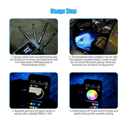 4X 48 LED RGB Car Interior Atmosphere Light Strip Bar Bluetooth APP Music Control