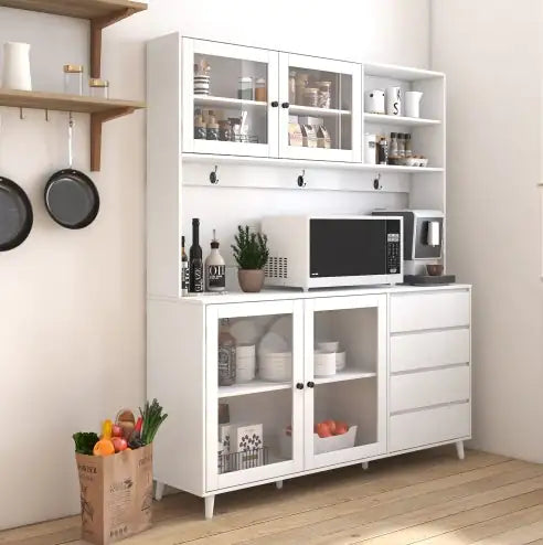 Elegant White Kitchen Hutch with Microwave Shelf and Storage