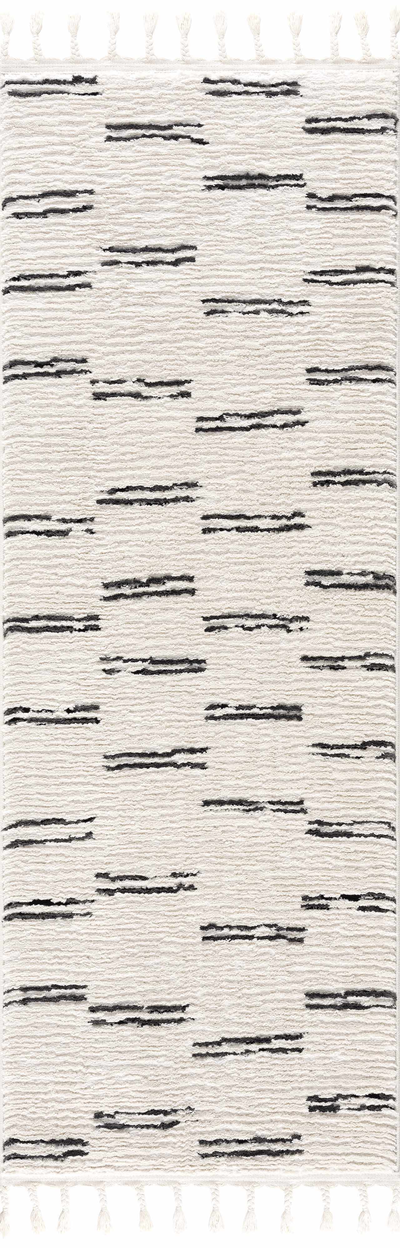 Riad Black Striped White Rug with Tassels