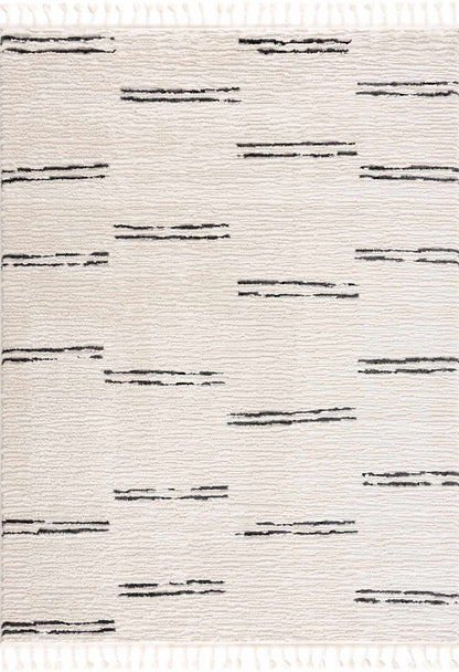 Riad Black Striped White Rug with Tassels