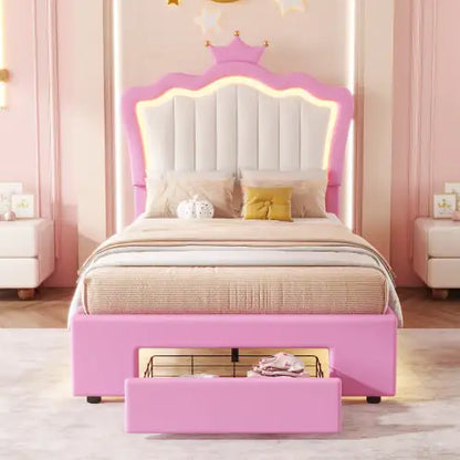 Twin Size Bed Frame With LED Lights, Modern Upholstered Princess Bed With Crown Headboard