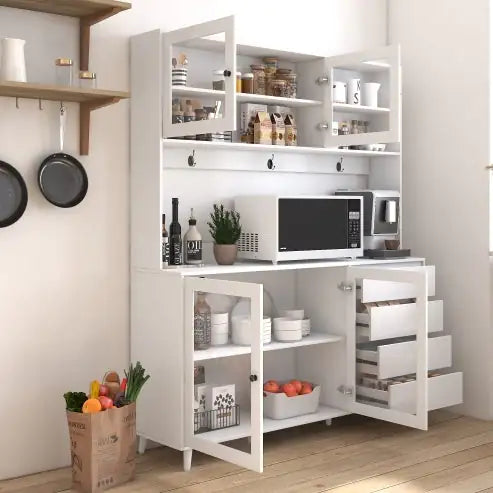Elegant White Kitchen Hutch with Microwave Shelf and Storage