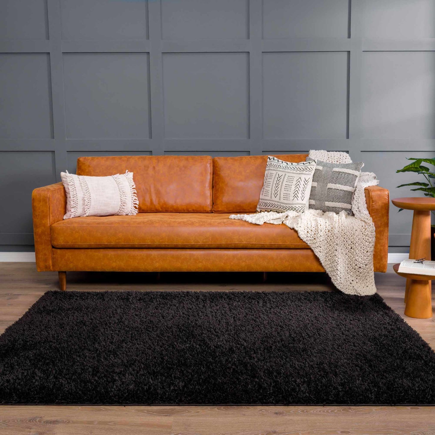 Faina Solid Black Shag Washable Area Rug - Clearance