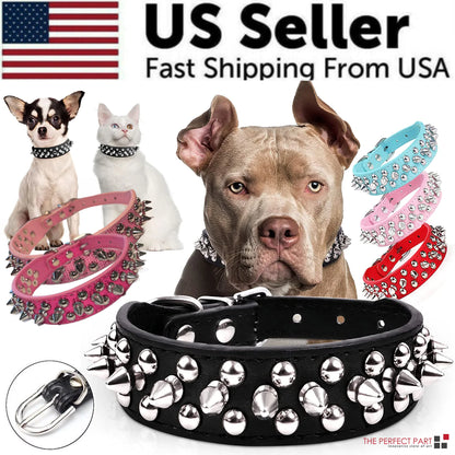Rugged Leather Spiked Collar for Dogs and Cats