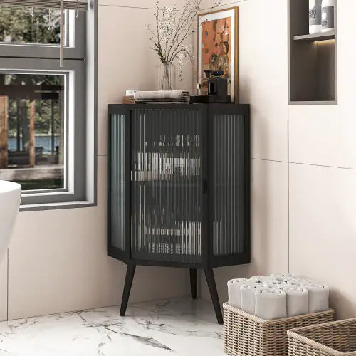 Floor Conical Cabinet With Tempered Glass Door And Storage Shelves