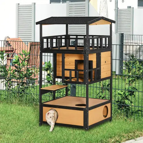 Rustic Wooden Cat Haven, Outdoor Kitten Playhouse