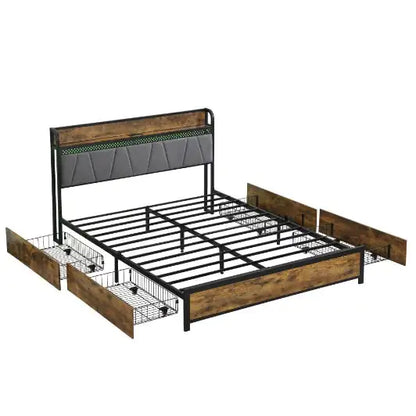 Illuminated Full-Size Bed Frame with Integrated Storage and Charging