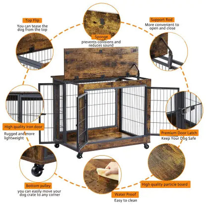 Rolling Rustic Brown Dog Crate Table with Double Doors