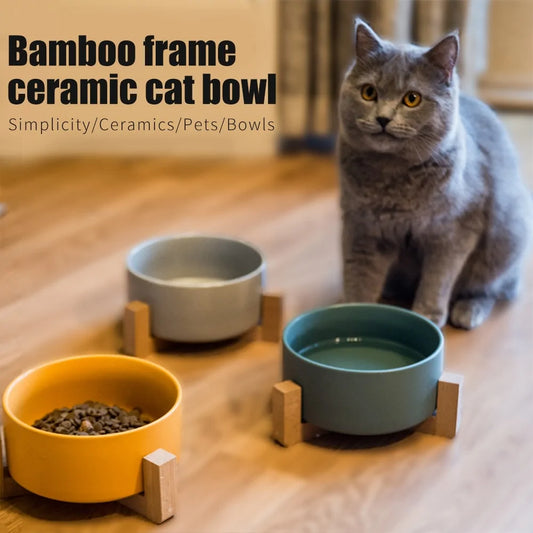 Ceramic Raised Cat Bowl w/ Wood Stand