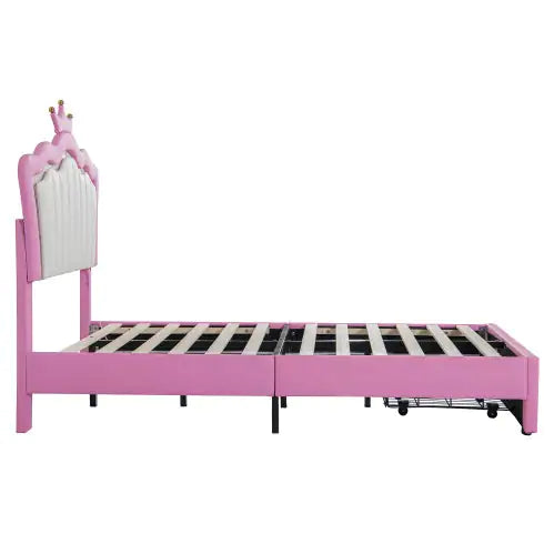 Twin Size Bed Frame With LED Lights, Modern Upholstered Princess Bed With Crown Headboard