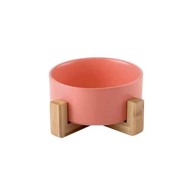 Ceramic Raised Cat Bowl w/ Wood Stand
