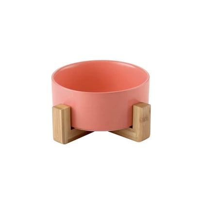 Ceramic Raised Cat Bowl w/ Wood Stand