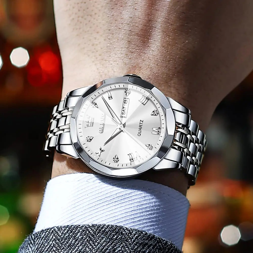 OLEVS Elegant Silver: Two-Tone Men’s Diamond Watch