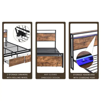 Full-Size LED Bed with Charging Hub and Drawers