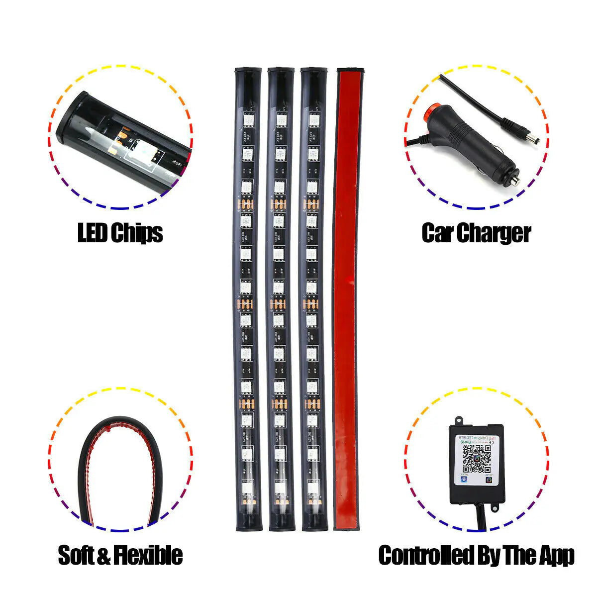 4X 48 LED RGB Car Interior Atmosphere Light Strip Bar Bluetooth APP Music Control