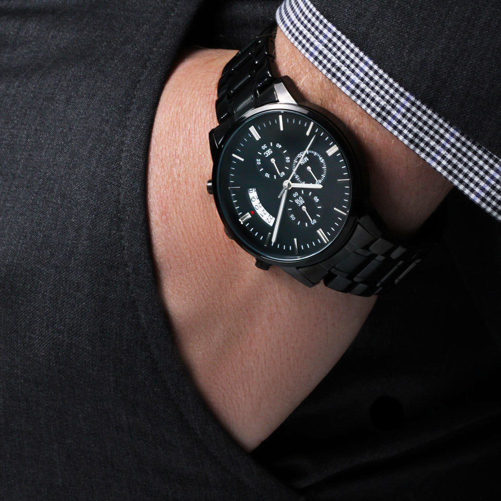 Customizable Personal Message- Elegant Black Chronograph Watch - Message On Back